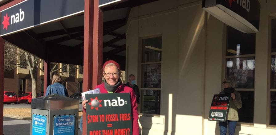 The National Australia Bank is investing billions of dollars a year in fossil fuels. We want them to reconsider. Join us at the NAB branch at 1001 Sturt Street for a peaceful demonstration. This is part of a week of actions being planned nationally by Move Beyond Coal.
We have placards and leaflets to hand out to staff and customers.
https://www.movebeyondcoal.com/resources