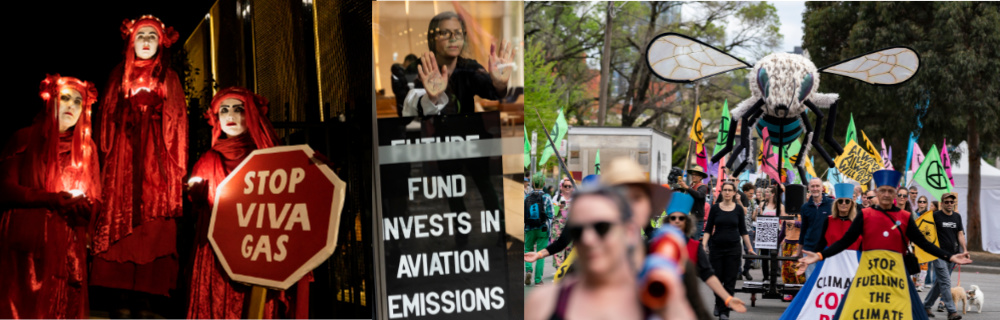 Red rebels with sign 'Stop Viva Gas'; Scientist glued on at the Future Fund with sign 'Future fund invests in aviation emissions'; Miss Bee Have and Sybils at the Fringe Parade. 