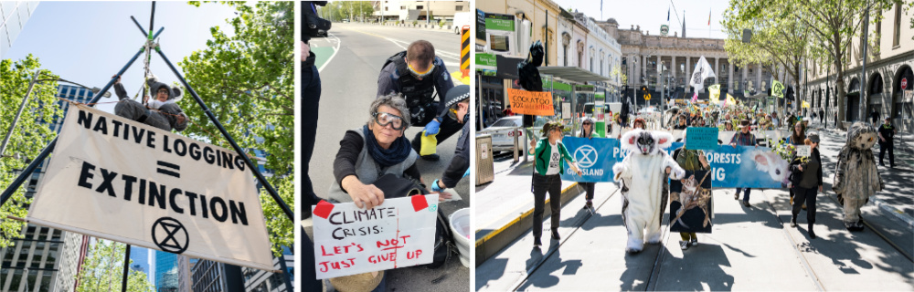 Koala up tripod with banner 'Native logging = extinction; Lone rebel surrounded by police with sign 'Climate crisis: let's not just give up', Protestors dressed as native animals on the streets of Melbourne.