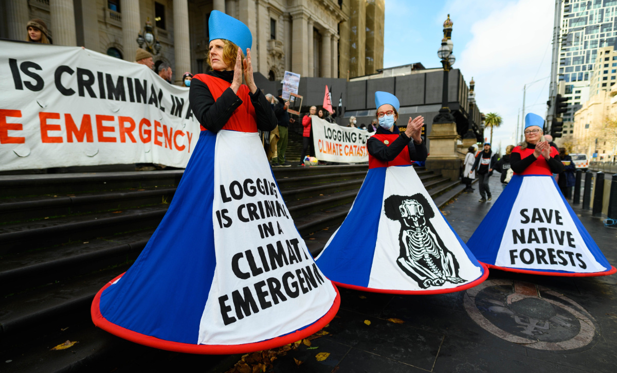 Protesters in 'Sybil Disobedient' costumes protesting outside parliament house, Melbourne